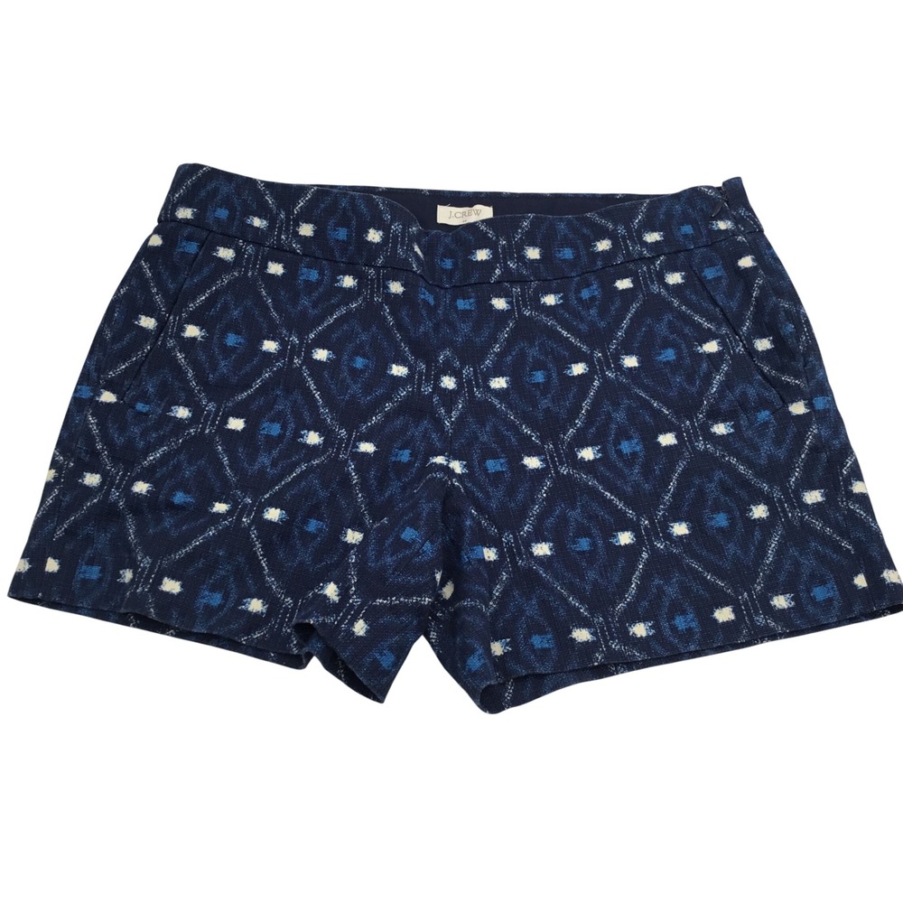 J.Crew Indigo Blue Ikat Diamond Print Shorts Side Zip Size 6 Geometric Woven - Picture 2 of 10
